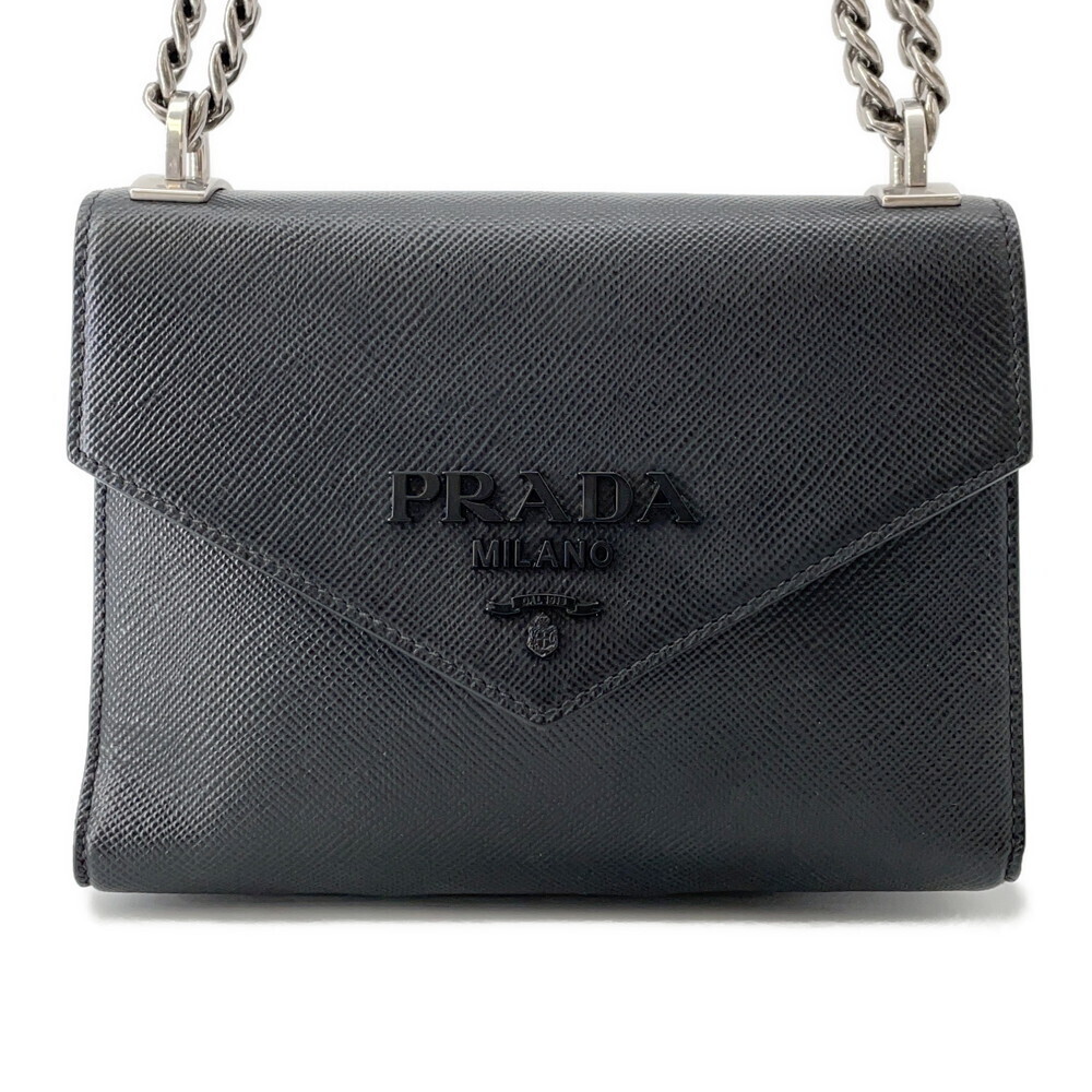 Prada Chain Shoulder Bag Saffiano Leather Logo Black